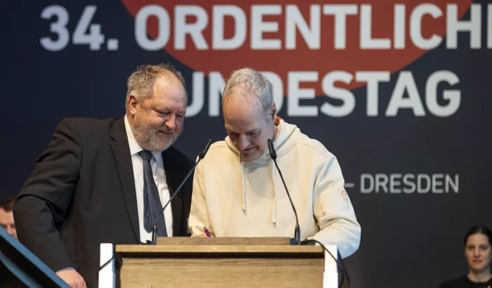 Wolfgang Böhme (rechts) mit DHB-Präsident Andreas Michelmann. - Foto: Kenny Beele