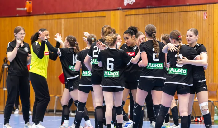 Eine Handballmannschaft die sich nach dem Spiel abklatscht 