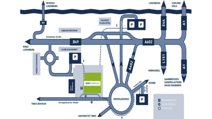 Die Anfahrtsskizze der SWT Arena